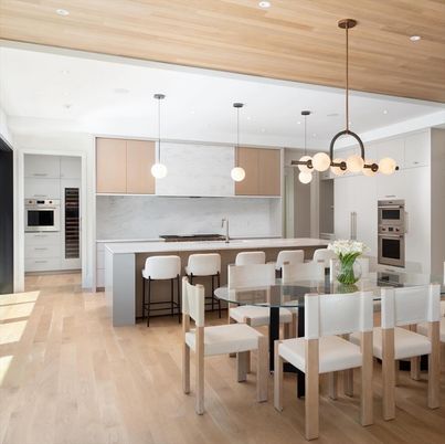 Dining room, Interior, Kitchen, Pendant Lights, Recessed Lighting, Stainless Steel Appliances, Wood Texture Flooring