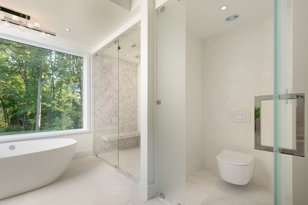 Bathroom, Free Standing Baths, Glass Shower, Interior, Marble, Marble Walls, Recessed Lighting