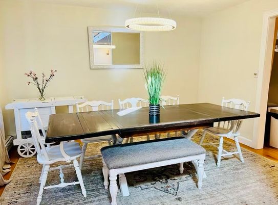 Dining room, Interior, Pendant Lights, Wood Texture Flooring