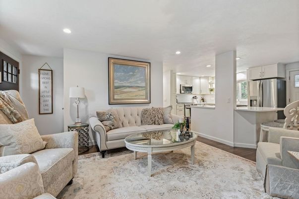 Interior, Kitchen, Living room, Recessed Lighting, Stainless Steel Appliances, Wood Texture Flooring