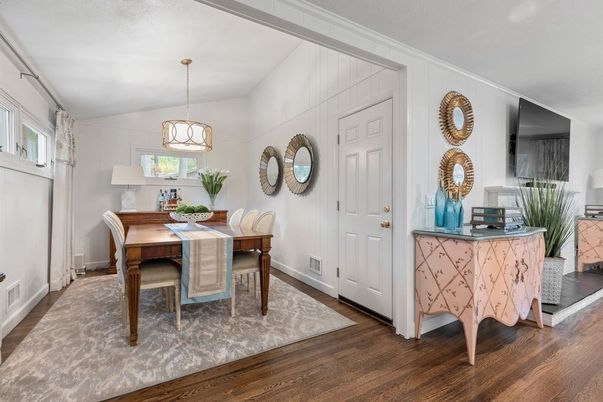 Dining room, Interior, Pendant Lights, Wood Texture Flooring