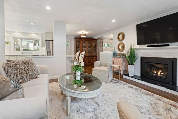 Fireplace, Interior, Living room, Recessed Lighting, Wood Texture Flooring
