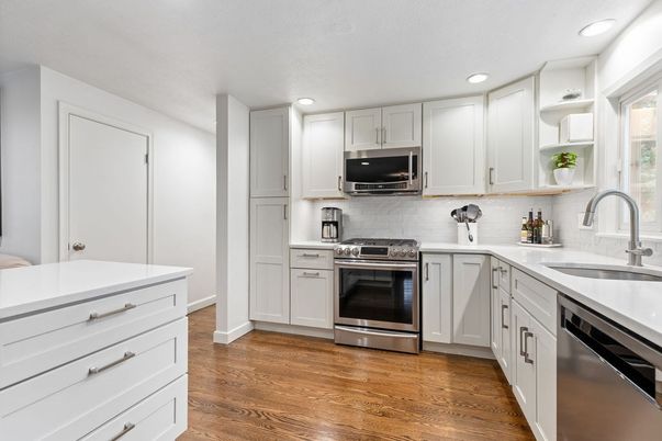 Interior, Kitchen, Recessed Lighting, Stainless Steel Appliances, Wood Texture Flooring