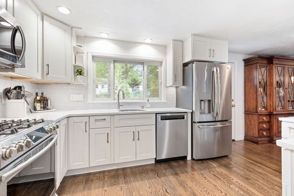 Interior, Kitchen, Recessed Lighting, Stainless Steel Appliances, Wood Texture Flooring