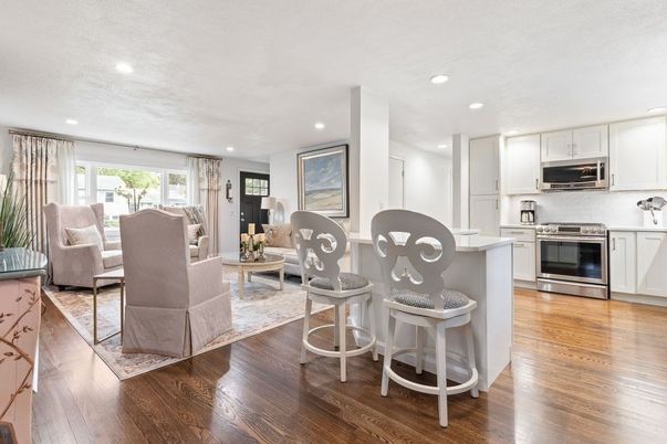 Interior, Kitchen, Living room, Recessed Lighting, Stainless Steel Appliances, Wood Texture Flooring