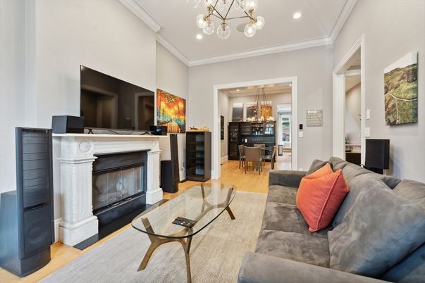 Dining room, Fireplace, Interior, Living room, Pendant Lights, Recessed Lighting, Wood Texture Flooring
