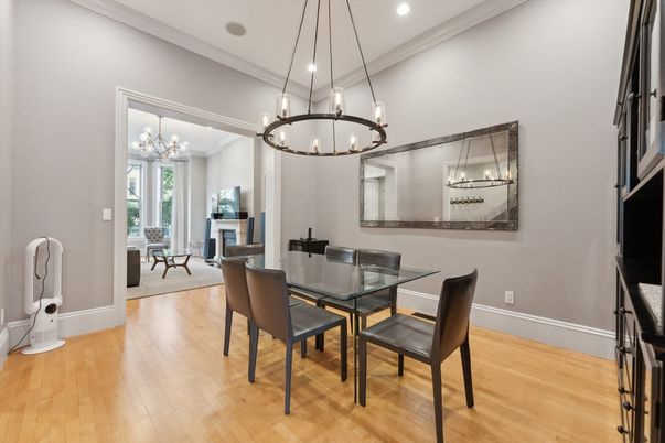 Chandelier, Dining room, Fireplace, Interior, Pendant Lights, Recessed Lighting, Wood Texture Flooring
