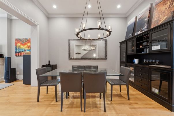 Chandelier, Dining room, Interior, Pendant Lights, Recessed Lighting, Wood Texture Flooring