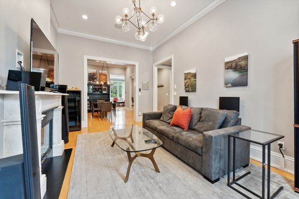 Dining room, Fireplace, Interior, Living room, Pendant Lights, Recessed Lighting, Wood Texture Flooring