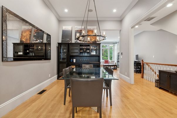 Dining room, Interior, Pendant Lights, Recessed Lighting, Wood Texture Flooring