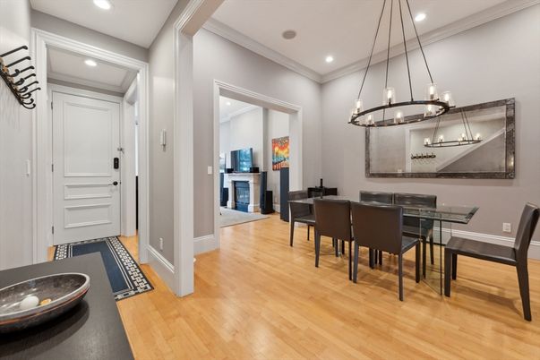 Dining room, Fireplace, Interior, Pendant Lights, Recessed Lighting, Wood Texture Flooring
