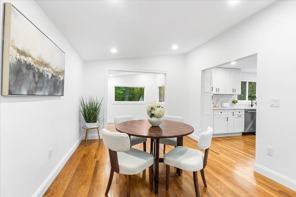 Dining room, Interior, Kitchen, Recessed Lighting, Wood Texture Flooring