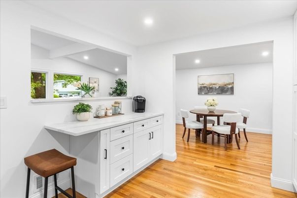 Dining room, Interior, Recessed Lighting, Wood Texture Flooring