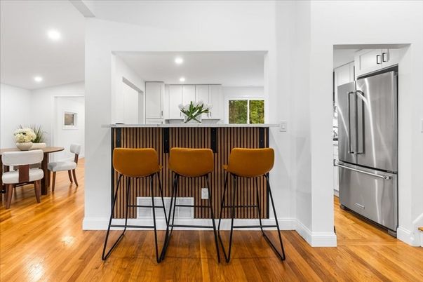 Dining room, Interior, Kitchen, Recessed Lighting, Stainless Steel Appliances, Wood Texture Flooring