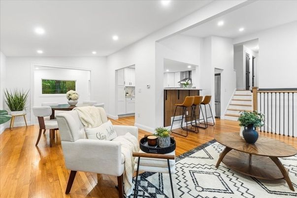 Dining room, Interior, Living room, Recessed Lighting, Wood Texture Flooring