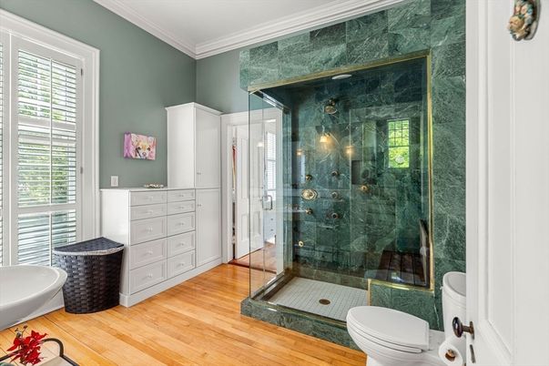 Bathroom, Glass Shower, Interior, Wood Texture Flooring