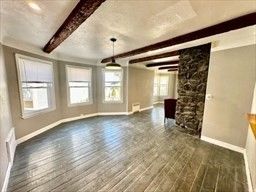 Empty room, Interior, Pendant Lights, Wooden Beams, Wood Texture Flooring