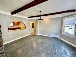 Empty room, Interior, Pendant Lights, Wooden Beams, Wood Texture Flooring