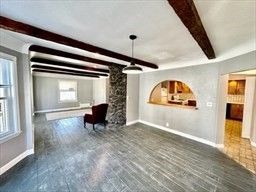 Empty room, Interior, Pendant Lights, Wooden Beams, Wood Texture Flooring