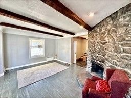 Empty room, Interior, Recessed Lighting, Stone Walls, Wooden Beams, Wood Texture Flooring