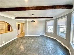 Empty room, Interior, Pendant Lights, Wooden Beams, Wood Texture Flooring