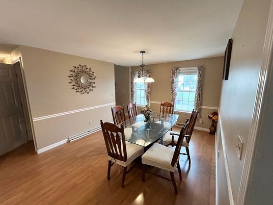 Dining room, Interior, Pendant Lights, Wood Texture Flooring