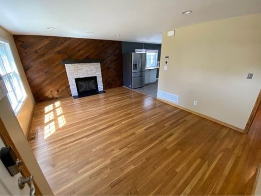 Empty room, Fireplace, Interior, Recessed Lighting, Wood Texture Flooring, Wooden Walls