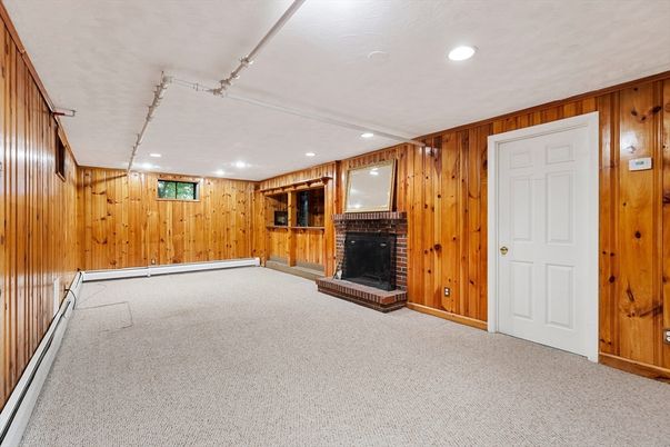 Empty room, Fireplace, Interior, Recessed Lighting, Wooden Walls