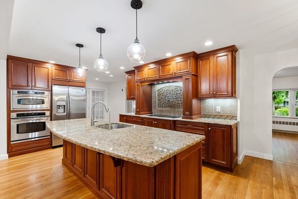 Interior, Kitchen, Pendant Lights, Recessed Lighting, Stainless Steel Appliances, Wood Texture Flooring