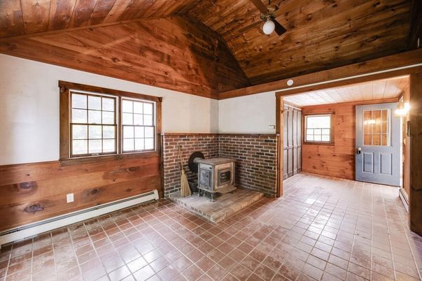 Empty room, Fireplace, Interior, Stone Walls, Wooden Ceilings, Wooden Walls