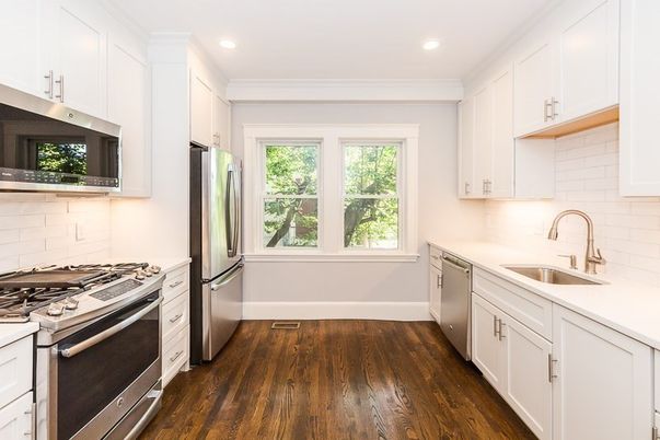 Interior, Kitchen, Recessed Lighting, Stainless Steel Appliances, Wood Texture Flooring