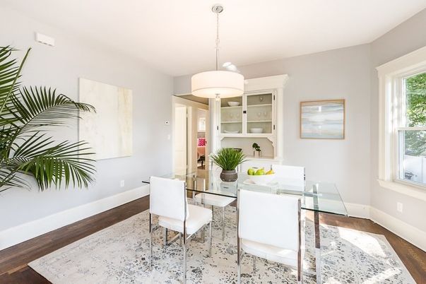 Dining room, Interior, Pendant Lights, Wood Texture Flooring