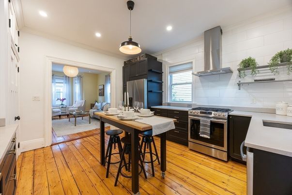 Interior, Kitchen, Pendant Lights, Recessed Lighting, Stainless Steel Appliances, Wood Texture Flooring