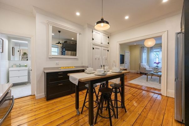 Dining room, Interior, Pendant Lights, Recessed Lighting, Wood Texture Flooring