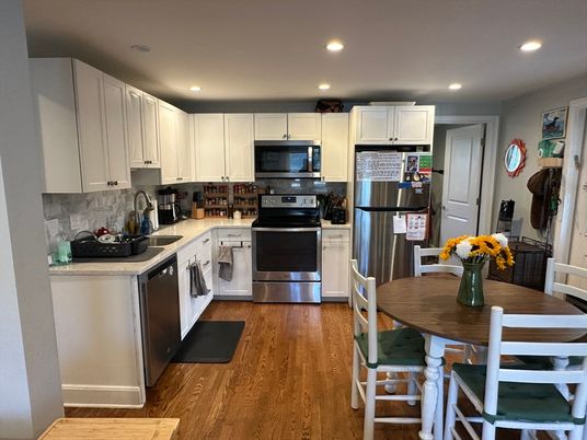 Dining room, Interior, Kitchen, Recessed Lighting, Stainless Steel Appliances, Wood Texture Flooring