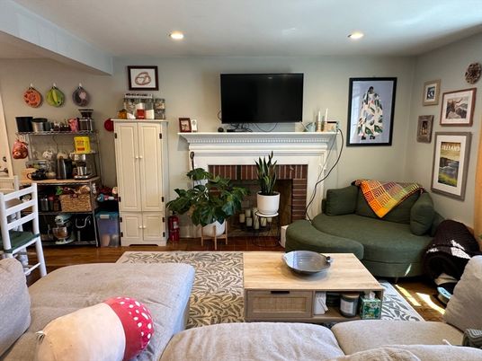 Fireplace, Interior, Living room, Recessed Lighting, Wood Texture Flooring