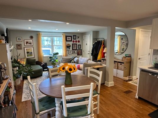 Dining room, Interior, Living room, Recessed Lighting, Wood Texture Flooring