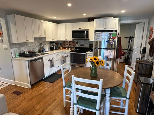 Dining room, Interior, Kitchen, Recessed Lighting, Stainless Steel Appliances, Wood Texture Flooring