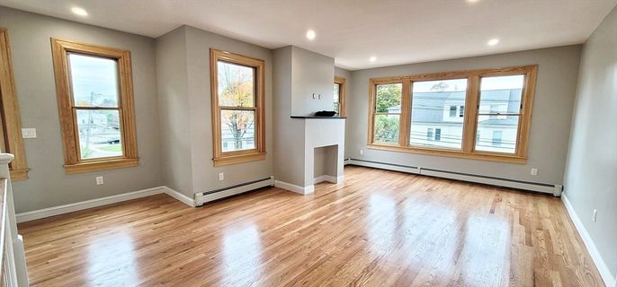 Empty room, Fireplace, Interior, Recessed Lighting, Wood Texture Flooring
