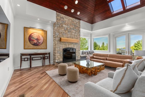 Fireplace, Interior, Living room, Recessed Lighting, Stone Walls, Wooden Ceilings, Wood Texture Flooring