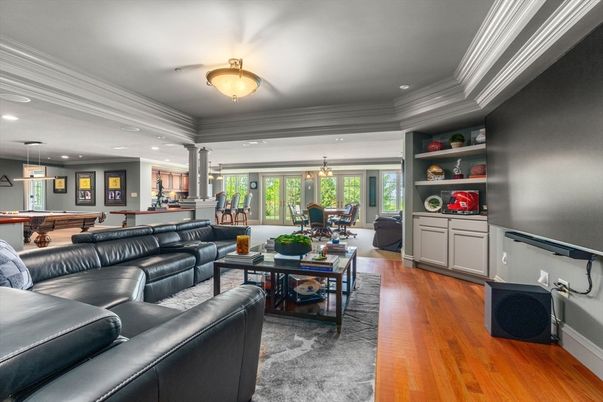Billiard Table, Dining room, Interior, Living room, Pendant Lights, Recessed Lighting, Wood Texture Flooring