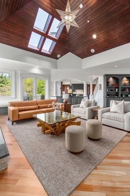 Interior, Living room, Pendant Lights, Recessed Lighting, Wooden Ceilings, Wood Texture Flooring
