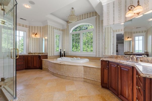 Bathroom, Dual Sink Vanities, Glass Shower, Interior, Pendant Lights, Recessed Lighting