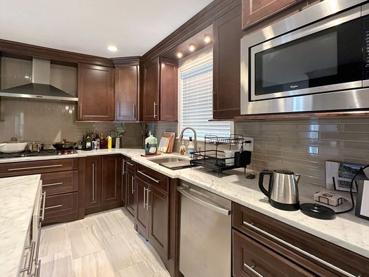 Interior, Kitchen, Recessed Lighting, Stainless Steel Appliances, Wood Texture Flooring