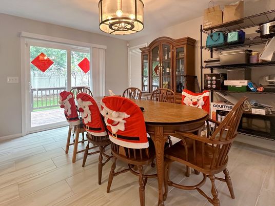 Dining room, Interior, Pendant Lights, Wood Texture Flooring