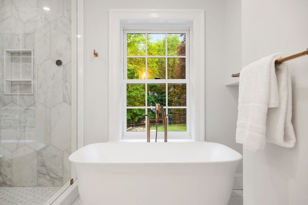 Bathroom, Free Standing Baths, Glass Shower, Interior, Marble, Marble Walls, Recessed Lighting