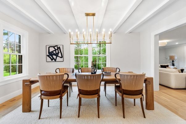 Dining room, Interior, Pendant Lights, Recessed Lighting, Wood Texture Flooring