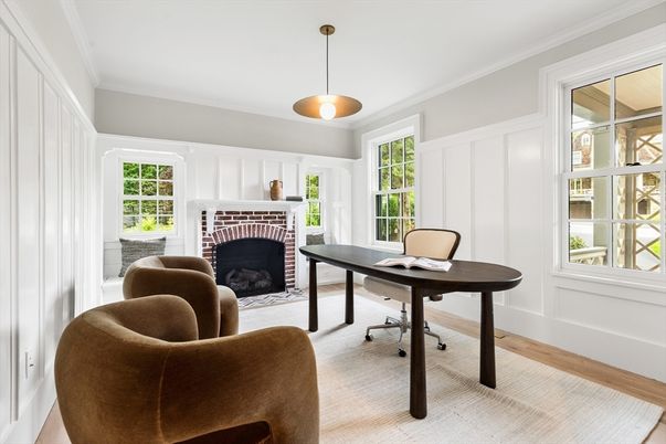 Fireplace, Home Office, Interior, Pendant Lights, Wood Texture Flooring