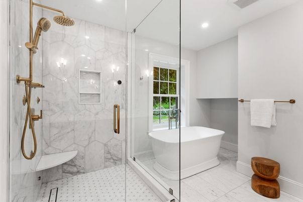 Bathroom, Free Standing Baths, Glass Shower, Interior, Marble, Marble Walls, Recessed Lighting