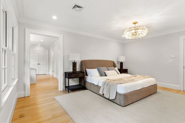Bedroom, Chandelier, Interior, Recessed Lighting, Wood Texture Flooring